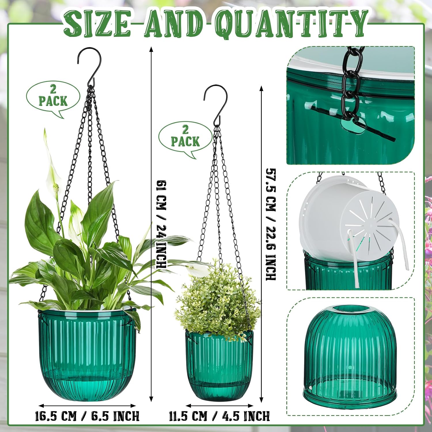 4 Pcs Self Watering Planters 6.5'' 4.5'', Emerald | Hanging Pots for Indoor Plants with Drainage Holes and 3 Hooks