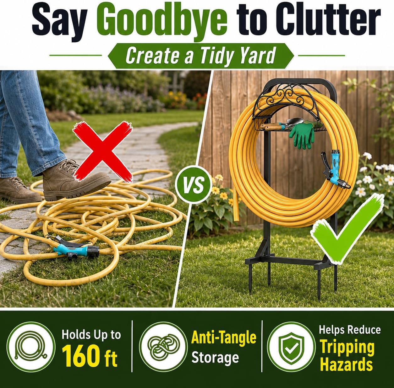 Garden Hose Holder Water Hose Reel Stand with Storage Basket Holds 160ft, Heavy Duty Freestanding Hose Stand with