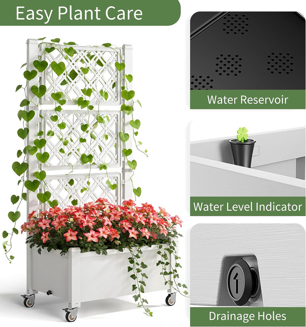 Miory 60" Raised Garden Bed with Trellis & Wheels, Vertical Gardening Planter Box with Water Level Indicator and