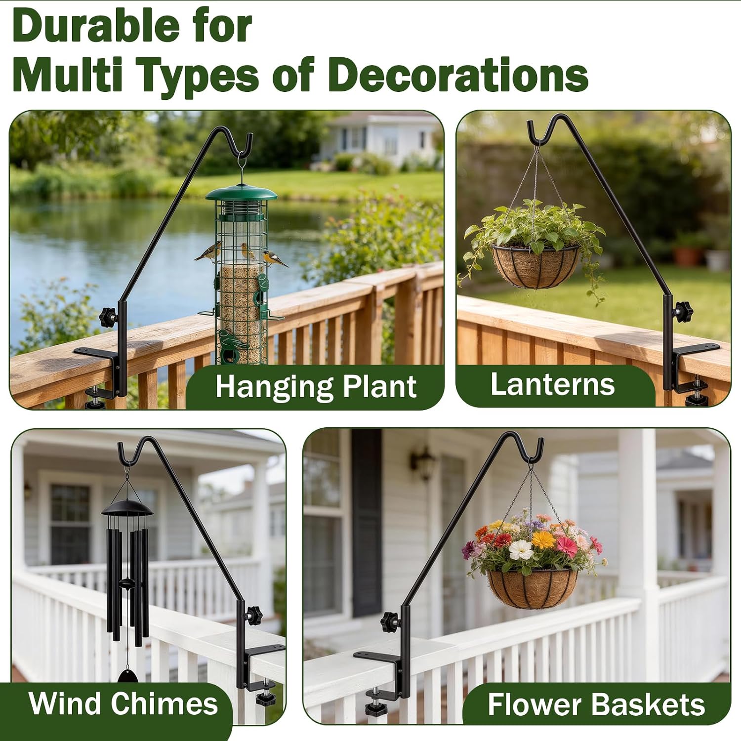 15 Inch Deck Hooks Hanger for Railing 2 PCS, 360° Swivel Adjustable | Heavy Duty Solid Shepherds Hooks for Outdoor