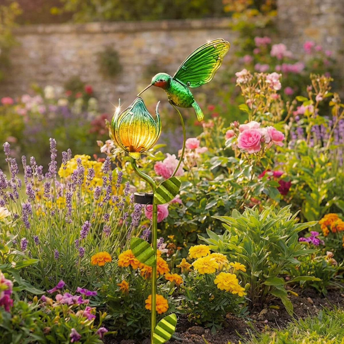 TERESA'S COLLECTIONS Glass Flower Bird Pathway Solar Outdoor Light for Garden Decor, 39'' Tulip and Hummingbird Metal