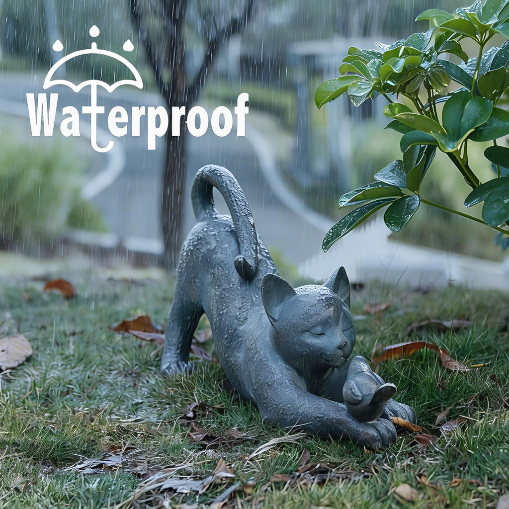 Cat Garden Statues Outdoor Cat-Figurines - Home Garden Decor 16 x 6 x 9.5 inch Resin Cats & Bird Playing Sculpture