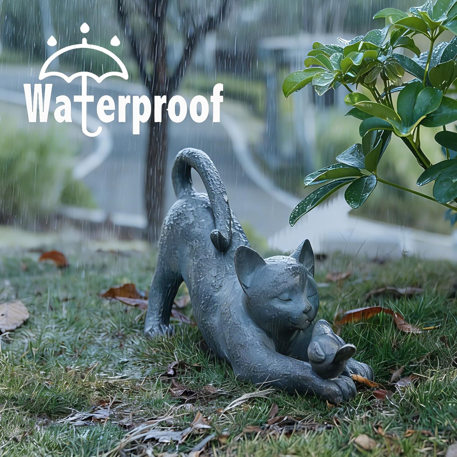 Cat Garden Statues Outdoor Cat-Figurines - Home Garden Decor 16 x 6 x 9.5 inch Resin Cats & Bird Playing Sculpture
