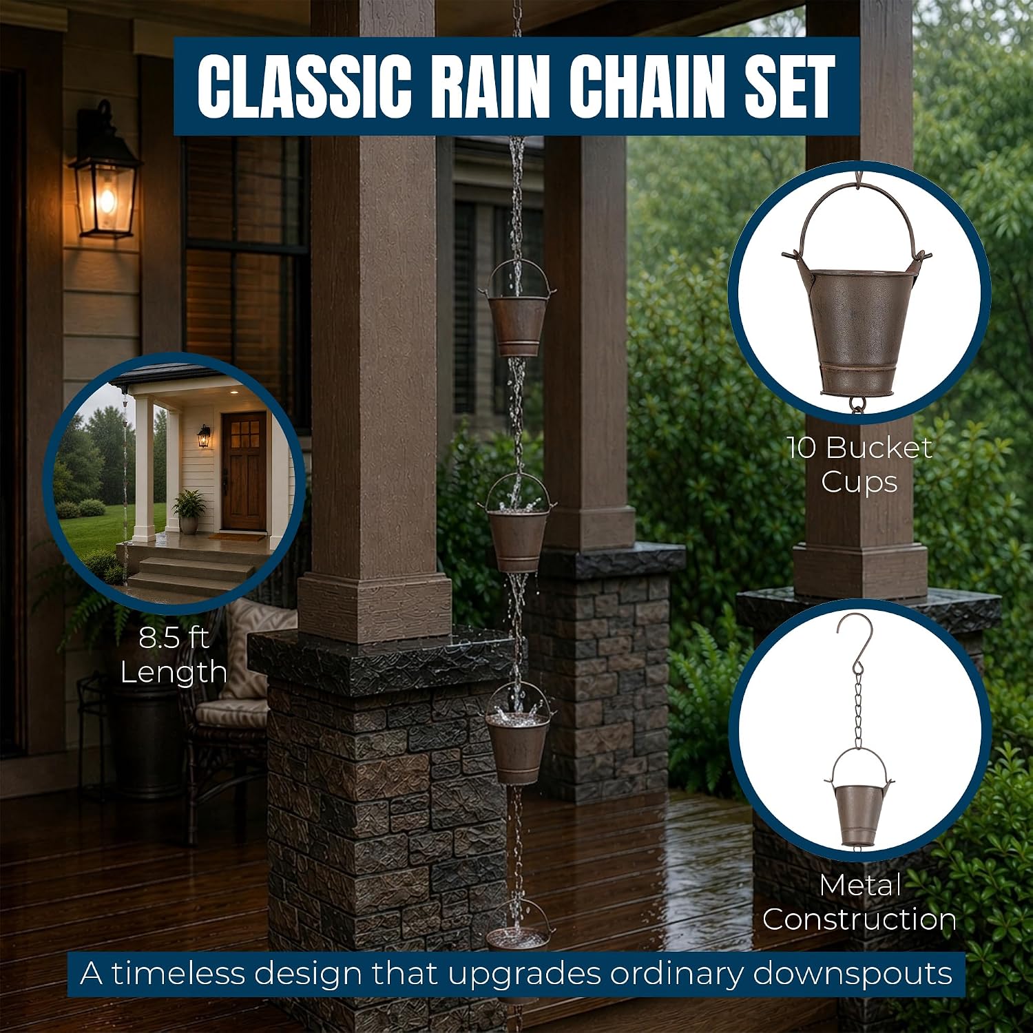 MEKKAPRO Iron Rain Chain for Gutters, 8.5ft 10-Cup, Dark Brown, Bucket-M | Iron Powder-Coated Chain Built for Heavy