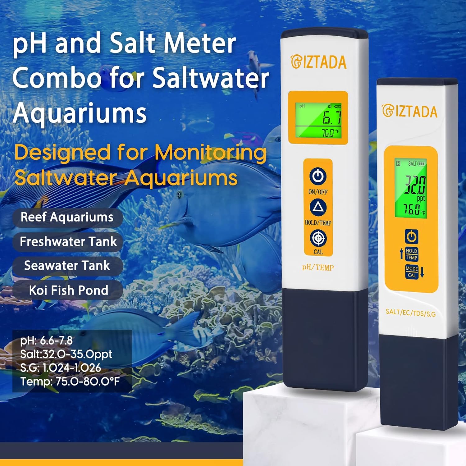 pH Meter and Salinity Tester Combo for Saltwater Pool and Aquarium | 6 in 1 pH Salt SG EC TDS Temp Meter for Reef