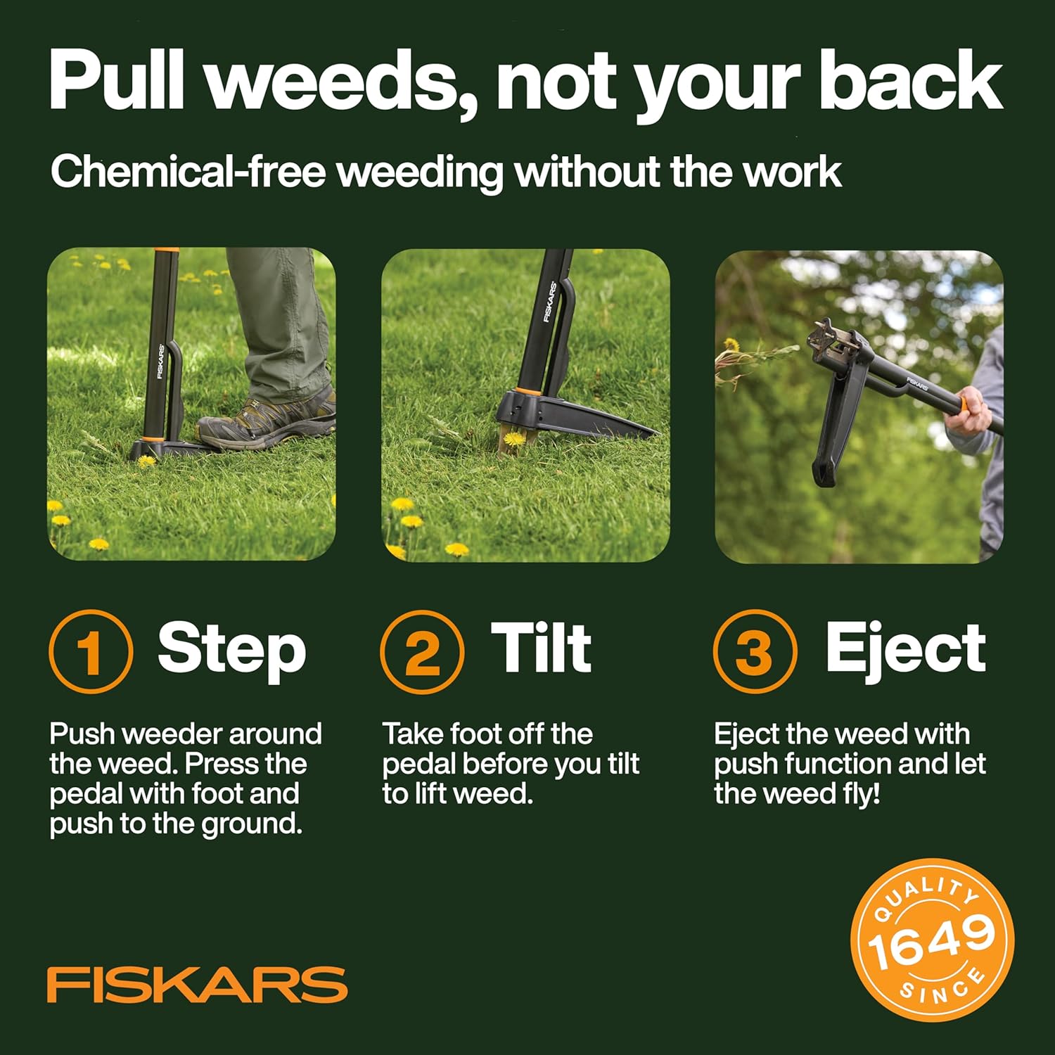 Fiskars Deluxe Stand-Up Weed Puller Tool, 4 Serrated Stainless Steel Claws | Claws Grip Dandelion Roots & More for