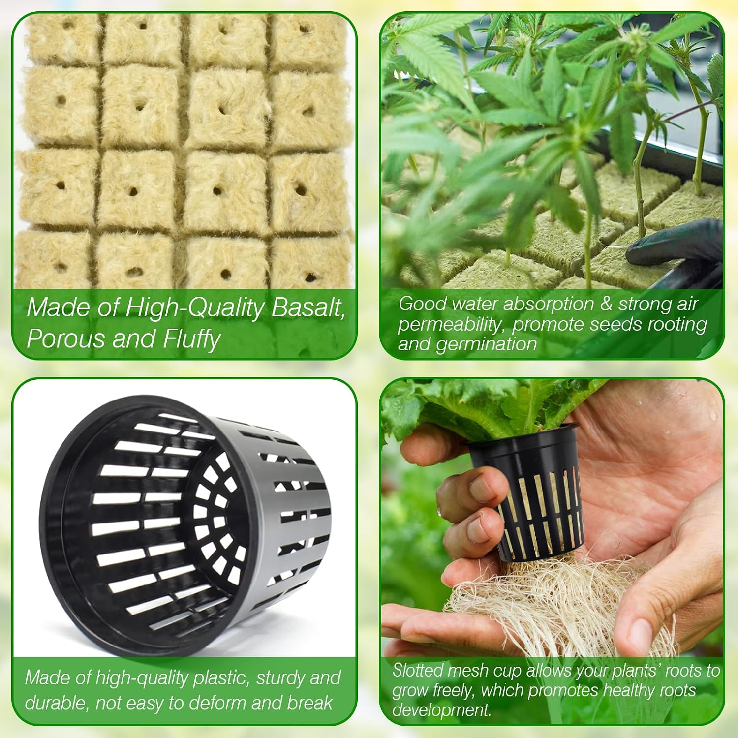 Halatool 144PCS 1.2" Rockwool Cubes & 120PCS 2" Net Cups for Hydroponics | Rockwool Garden Starter Plugs, Hydroponics