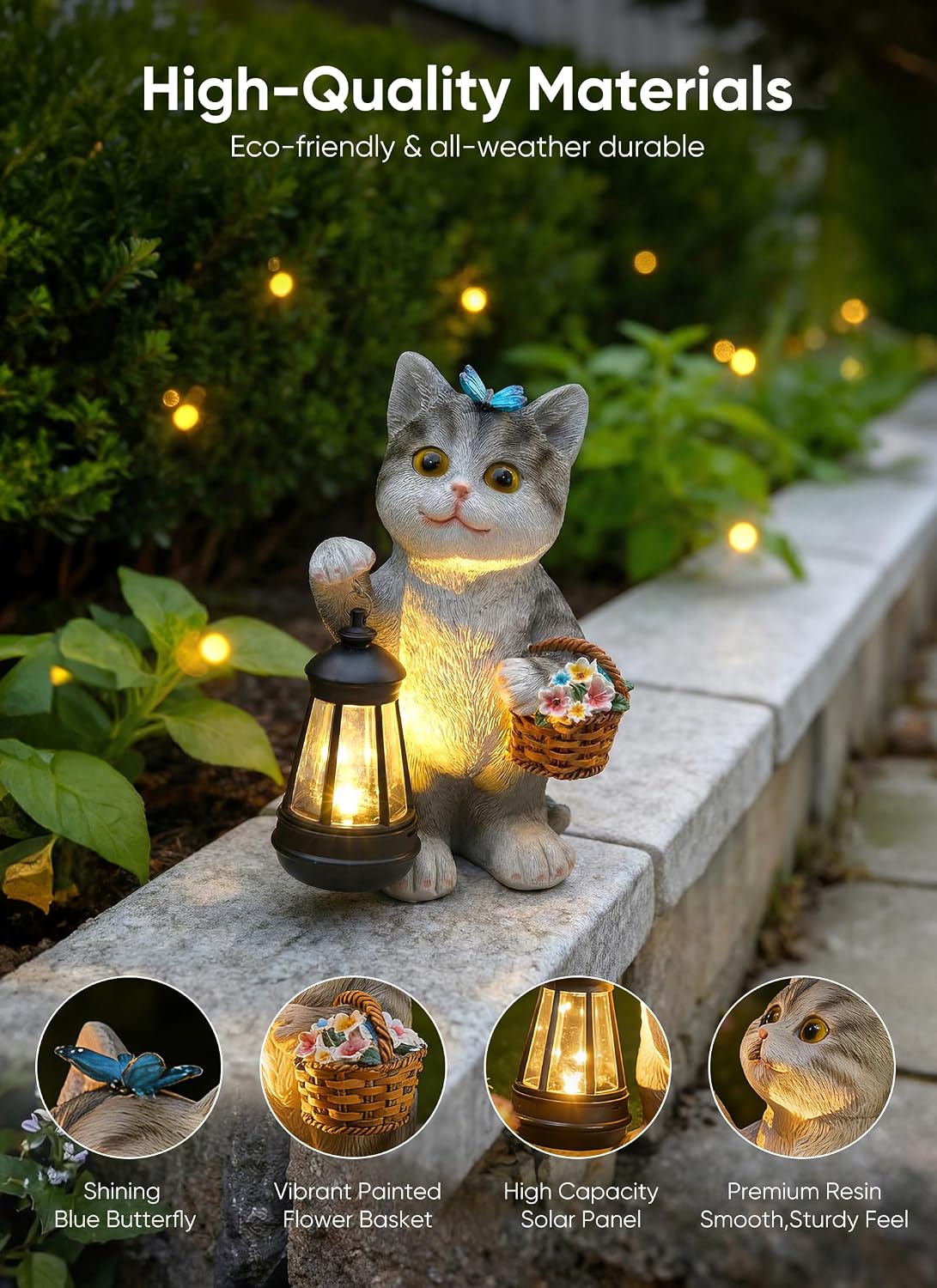 Brightown Solar Cat Garden Decor Statue with Solar Lantern Light, Hand-Painted Resin, IP65 Waterproof Outdoor Decor for