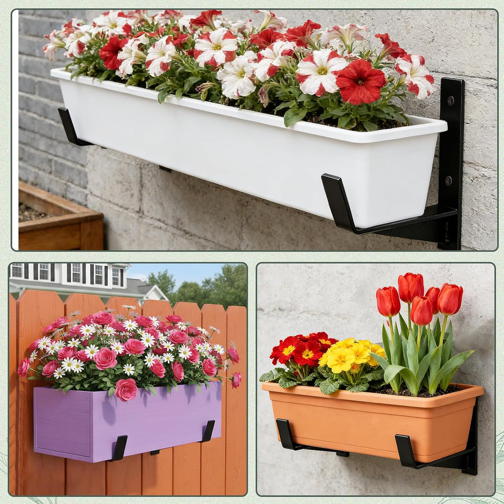 Window Box Brackets, 6 inch Flower Planter Box Brackets, Heavy Duty Metal Flower Box Wall Mounting Hooks for Railings