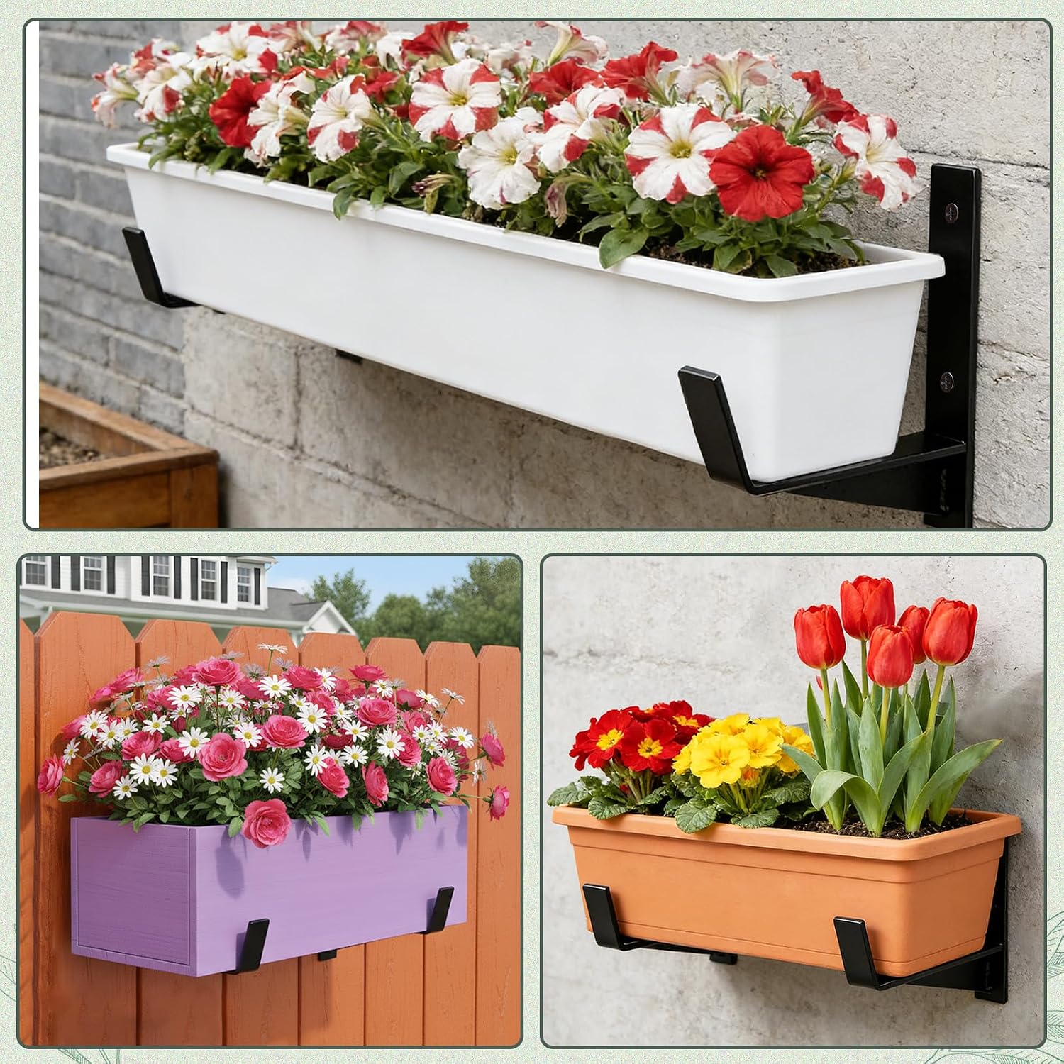 Window Box Brackets, 6 inch Flower Planter Box Brackets, Heavy Duty Metal Flower Box Wall Mounting Hooks for Railings