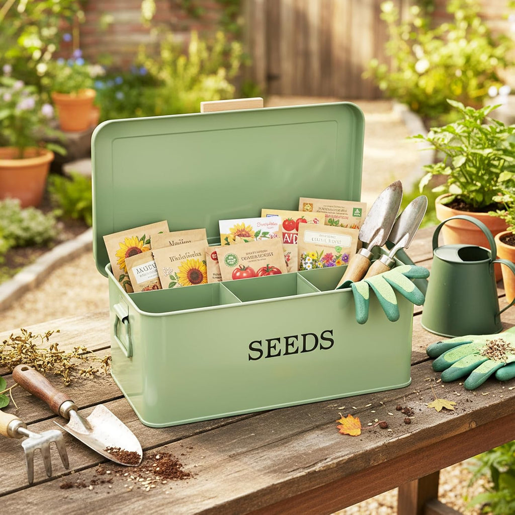 Seed Storage Organizer with 4 Dividers,Metal Seed Saving Box with Lid, Seeds Bin Storage Container Kit with 2 Pens,20