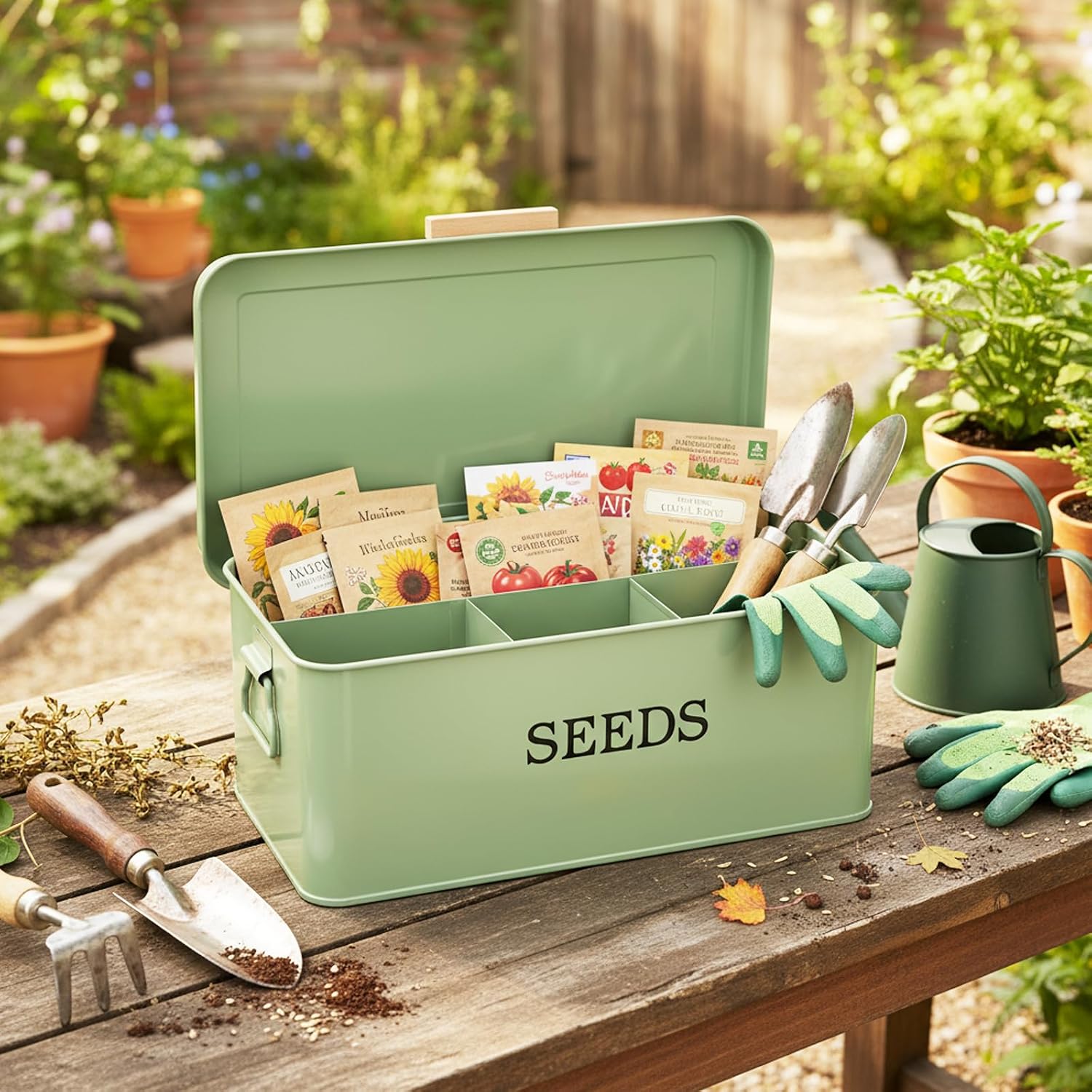 Seed Storage Organizer with 4 Dividers,Metal Seed Saving Box with Lid, Seeds Bin Storage Container Kit with 2 Pens,20