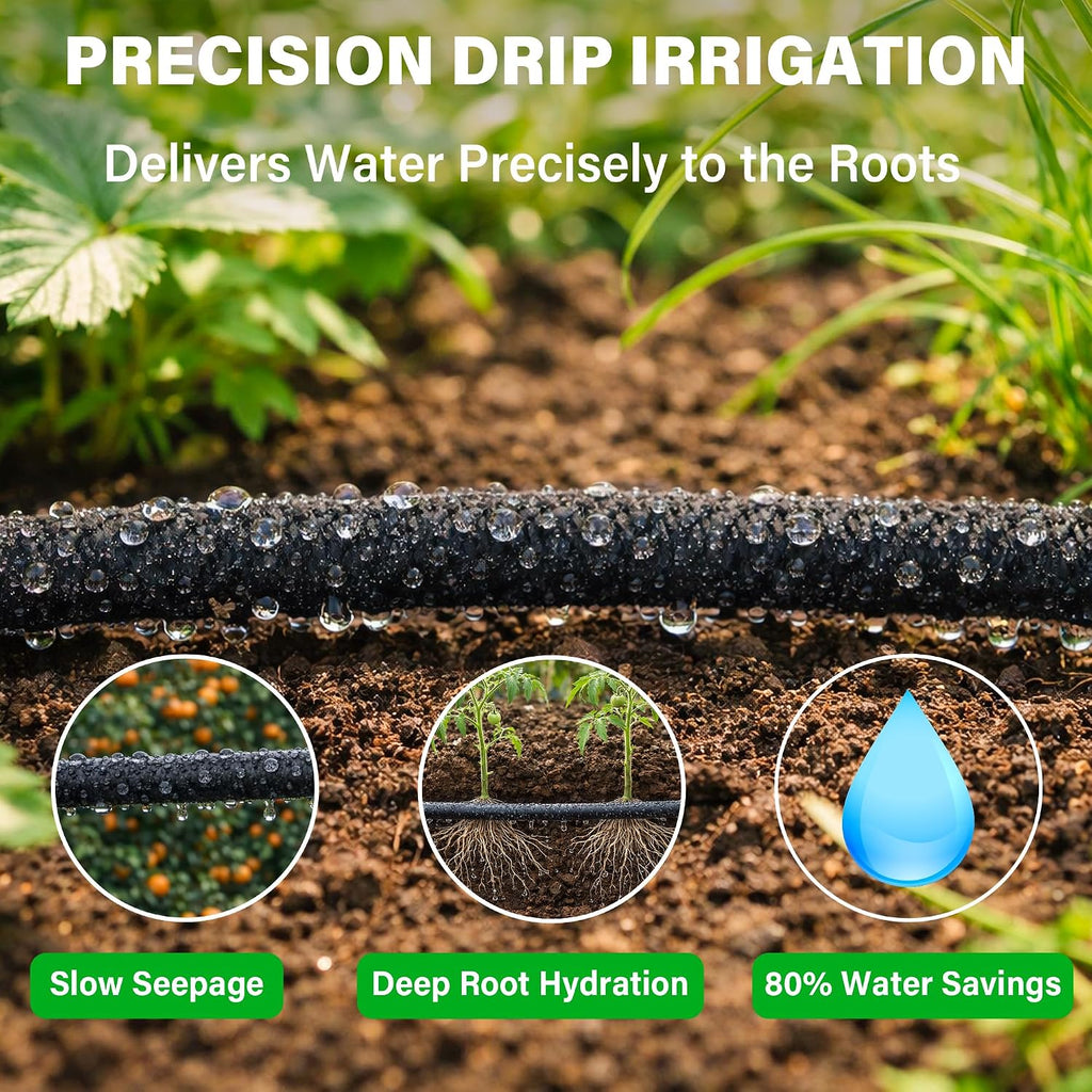 MIXC Drip Irrigation System with 100FT 1/4" Soaker Hose | 80% Water Savings, Weeping Tech for Deeper Root Watering