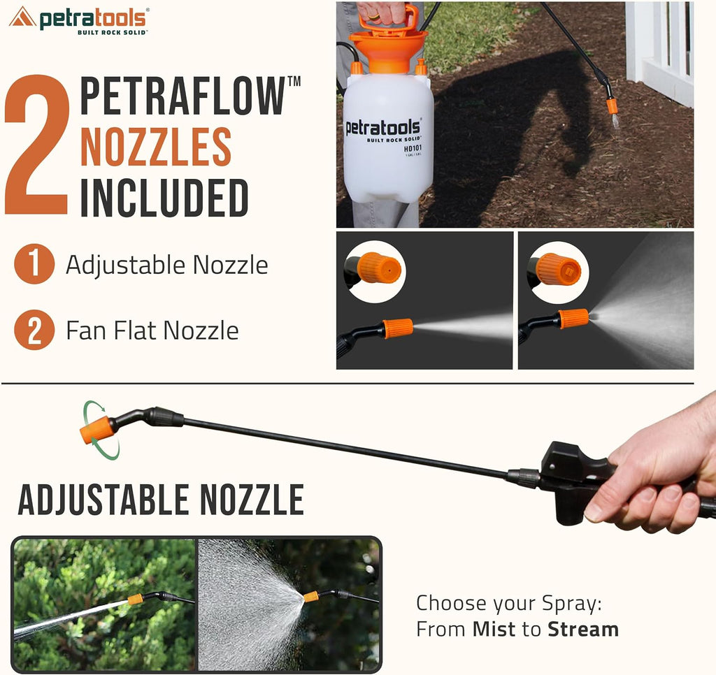 PetraTools HD101 Garden Pump Sprayer, 52-in Long Hose & 2 Nozzles, 1 Gallon | Weed Sprayer 1 Gallon w/ Easy Carry