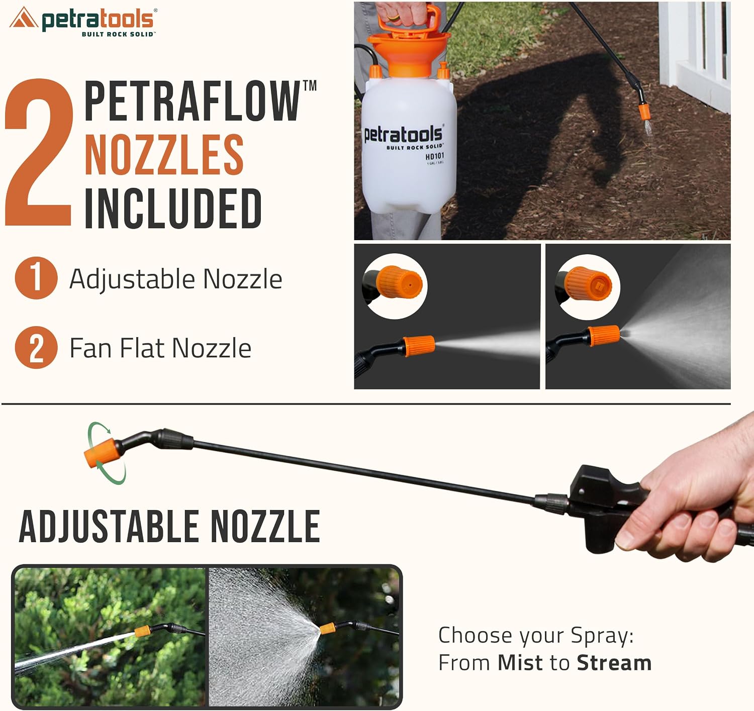 PetraTools HD101 Garden Pump Sprayer, 52-in Long Hose & 2 Nozzles, 1 Gallon | Weed Sprayer 1 Gallon w/ Easy Carry