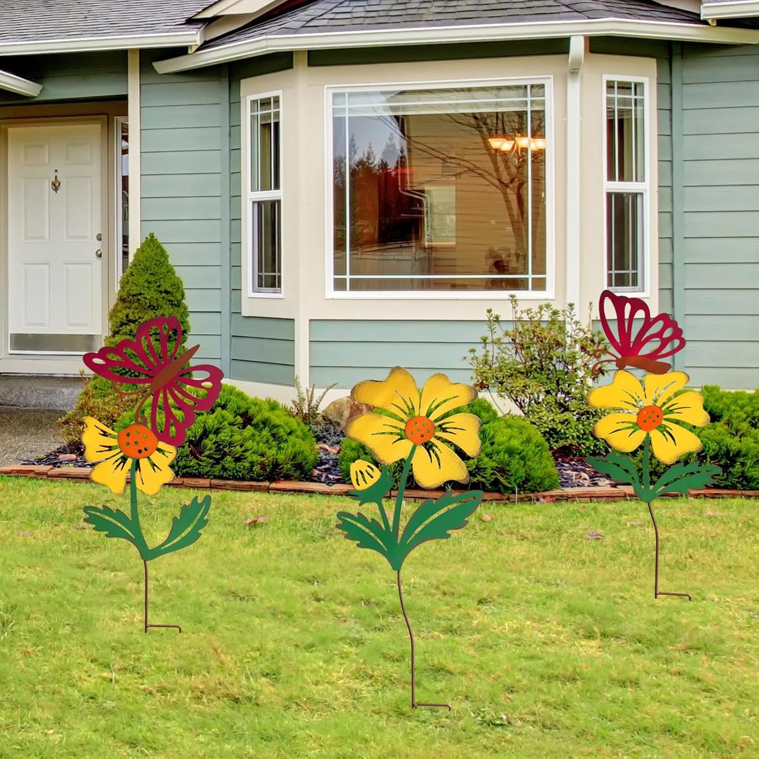 3-Pack Metal Flowers for Outside, 30-Inch Metal Yard Art | Decorative garden stakes with flower and butterfly designs;