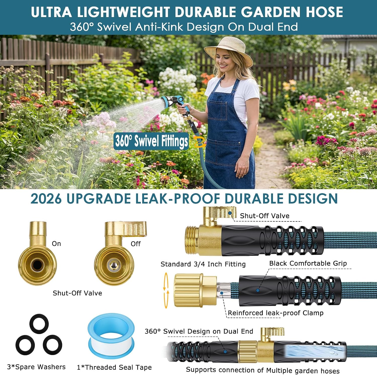 50ft Non-Expanding Garden Hose with 360° Swivel & Valve, Blue | Lightweight, Anti-Kink, Flexible & Leakproof Design
