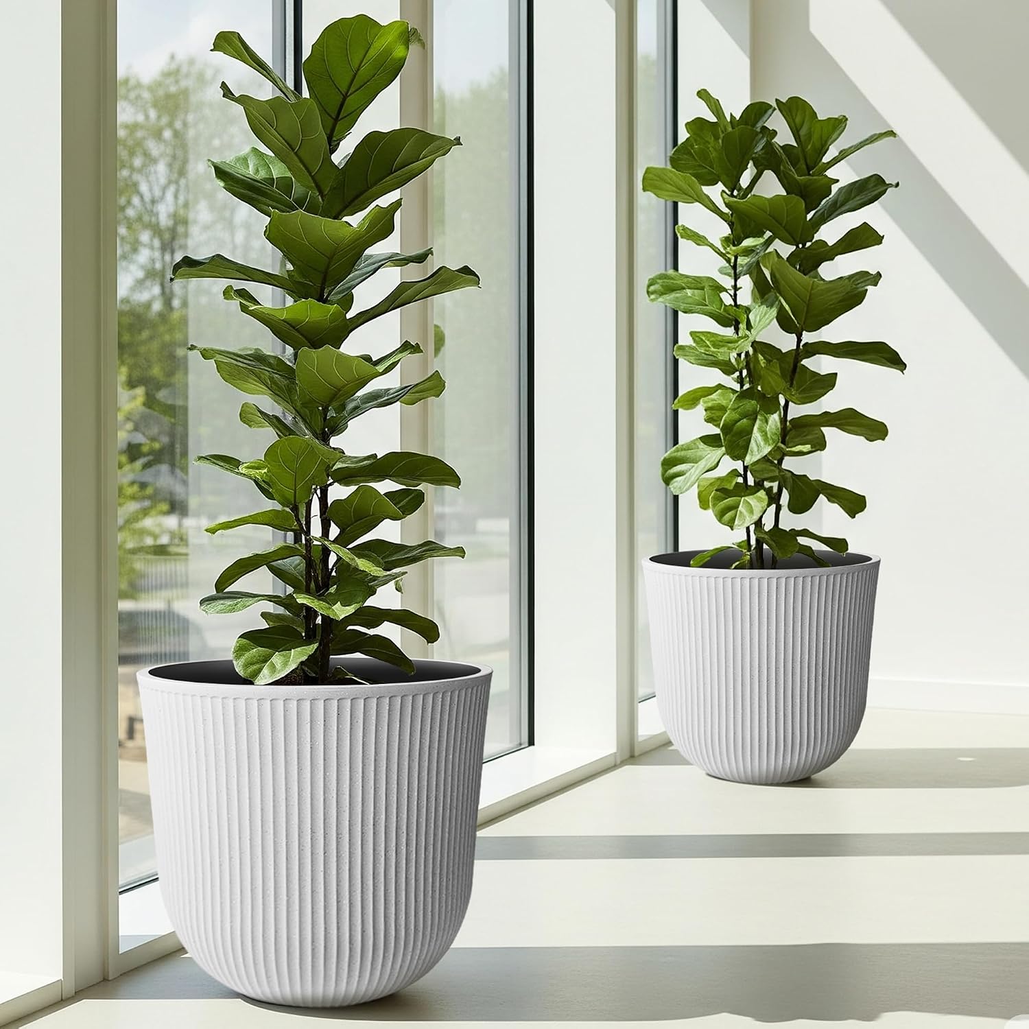 Worth Garden Round Large Planter Pot Set of 2-17.5" Dia x 15.5" H - Durable Plastic White Plant Tree Pots with Vertical