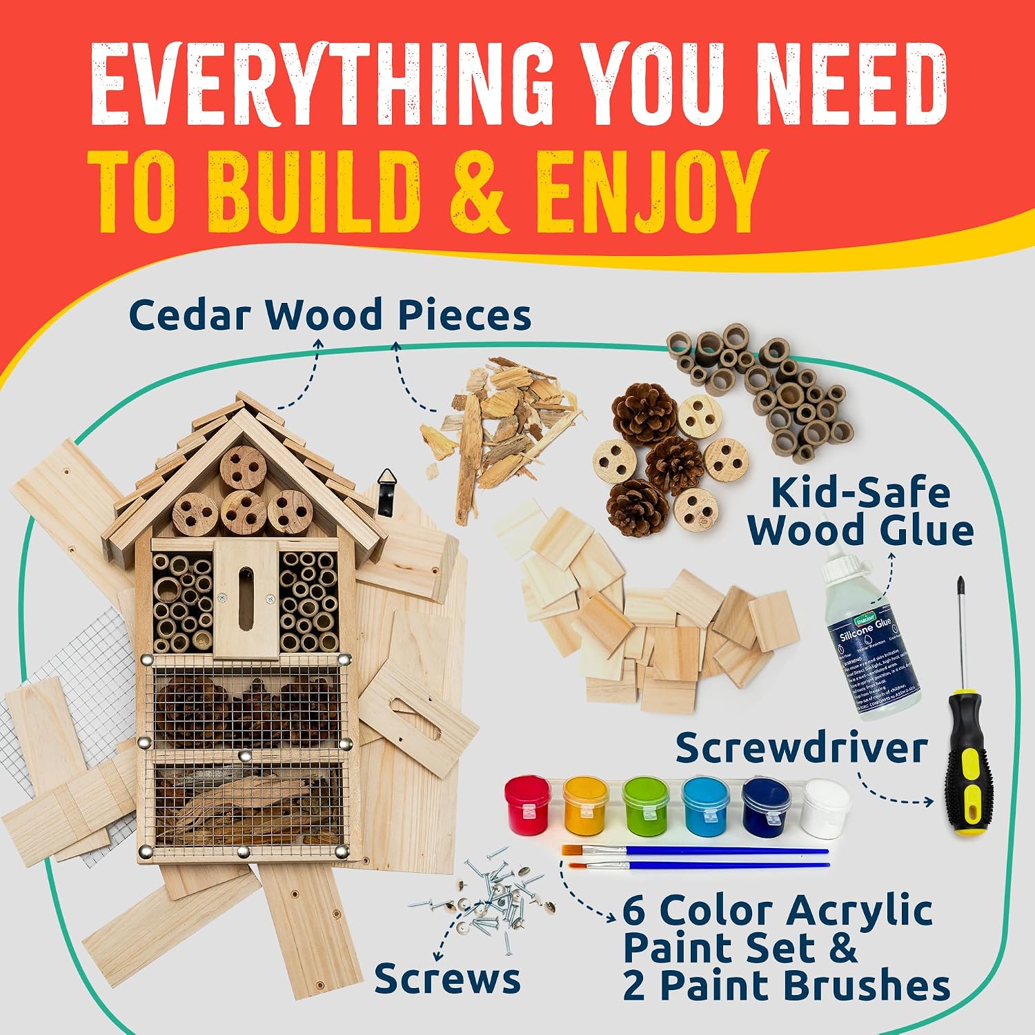 Premium Bug Hotel Kit for Kids, Easy Wood Bug House Kits | Bug House for Kids with Tools, Paints & Glue, Insect Hotel
