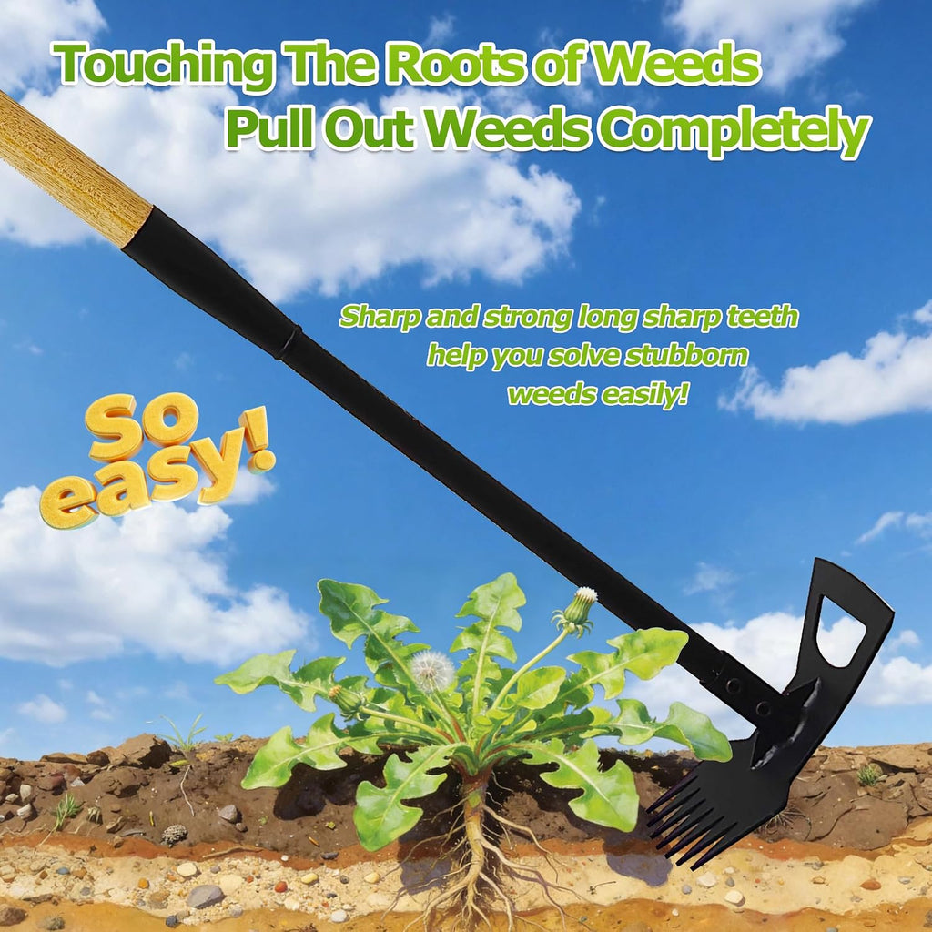 60" Wood Handle Weed Puller Tool, 7-Tine Garden Hoe, Secure Fit, No Bending | Weed Remover Tool & Weed Hoe for Yard
