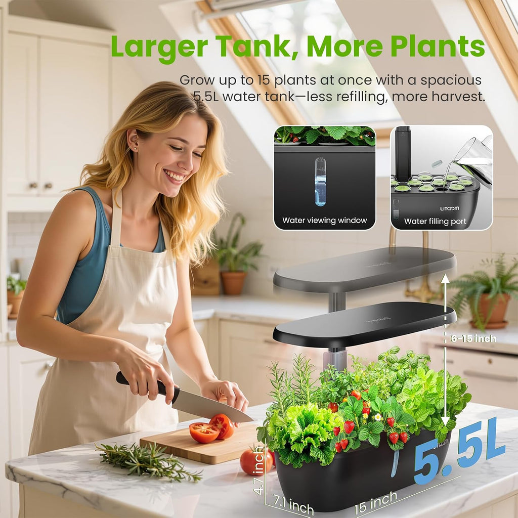 litokam Hydroponics Growing System Kit, 15 Pods Indoor Herb Garden with Smart APP & Quiet Pump, 24W LED Light, Auto