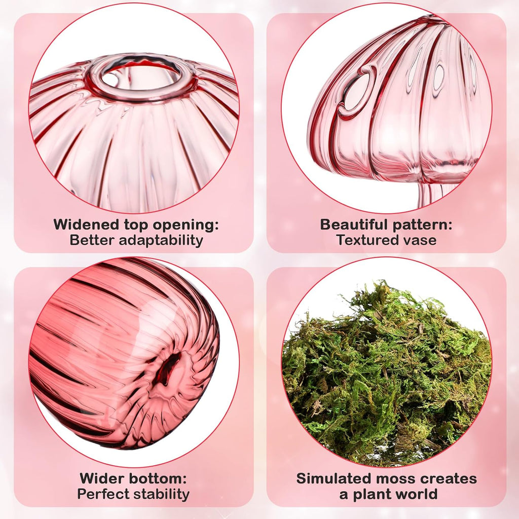 7 Pcs Glass Mushroom Vase Propagation Station with Hydroponic Plant and Artificial Fake Moss 6 Colored Plant Vase Table