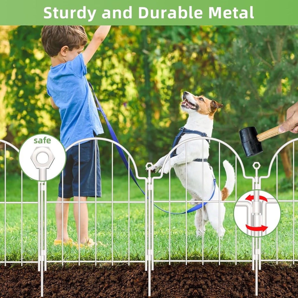 30 Pack White Decorative Garden Fence, 17in(H) x 32ft(L), with Ground Stake | Arched Rustproof Metal No Dig Garden
