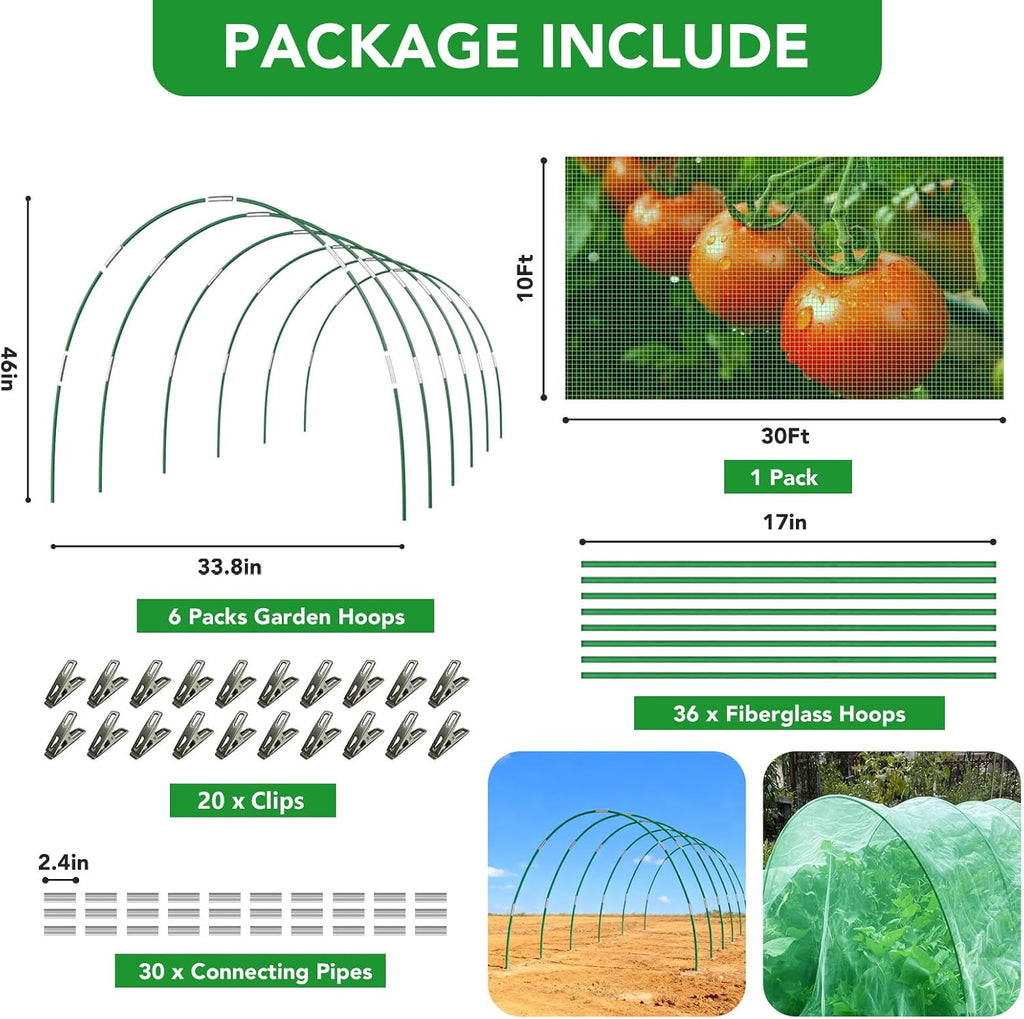Garden Mesh Netting Kit for Raised Beds, 10x30FT Green Garden Netting ＆6 Sets Fiberglass Garden Hoops, Row Cover Garden