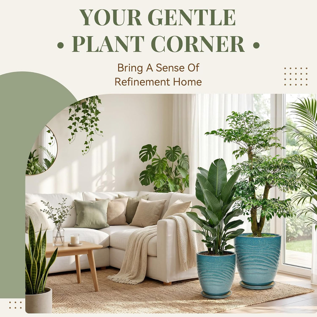 9.5 Inch Modern Ceramic Plant Pot with Saucer, Flower Pot with Drainage Hole Mesh Net,Indoor Outdoor Planter