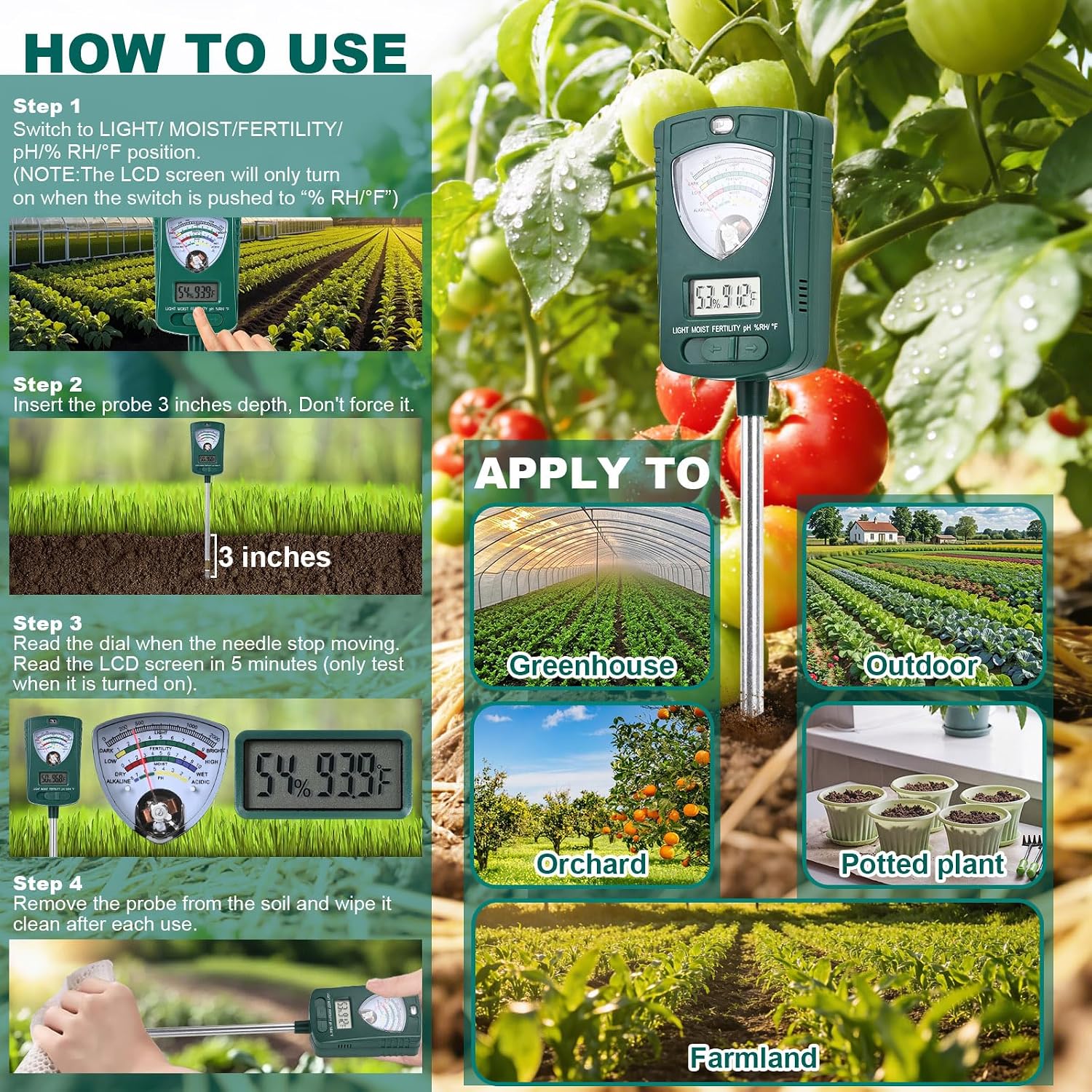 7-in-1 Soil Tester for Soil Moisture pH Fertility Light Intensity, Soil Temp, Air Temp & Humidity, with Pointer and LCD