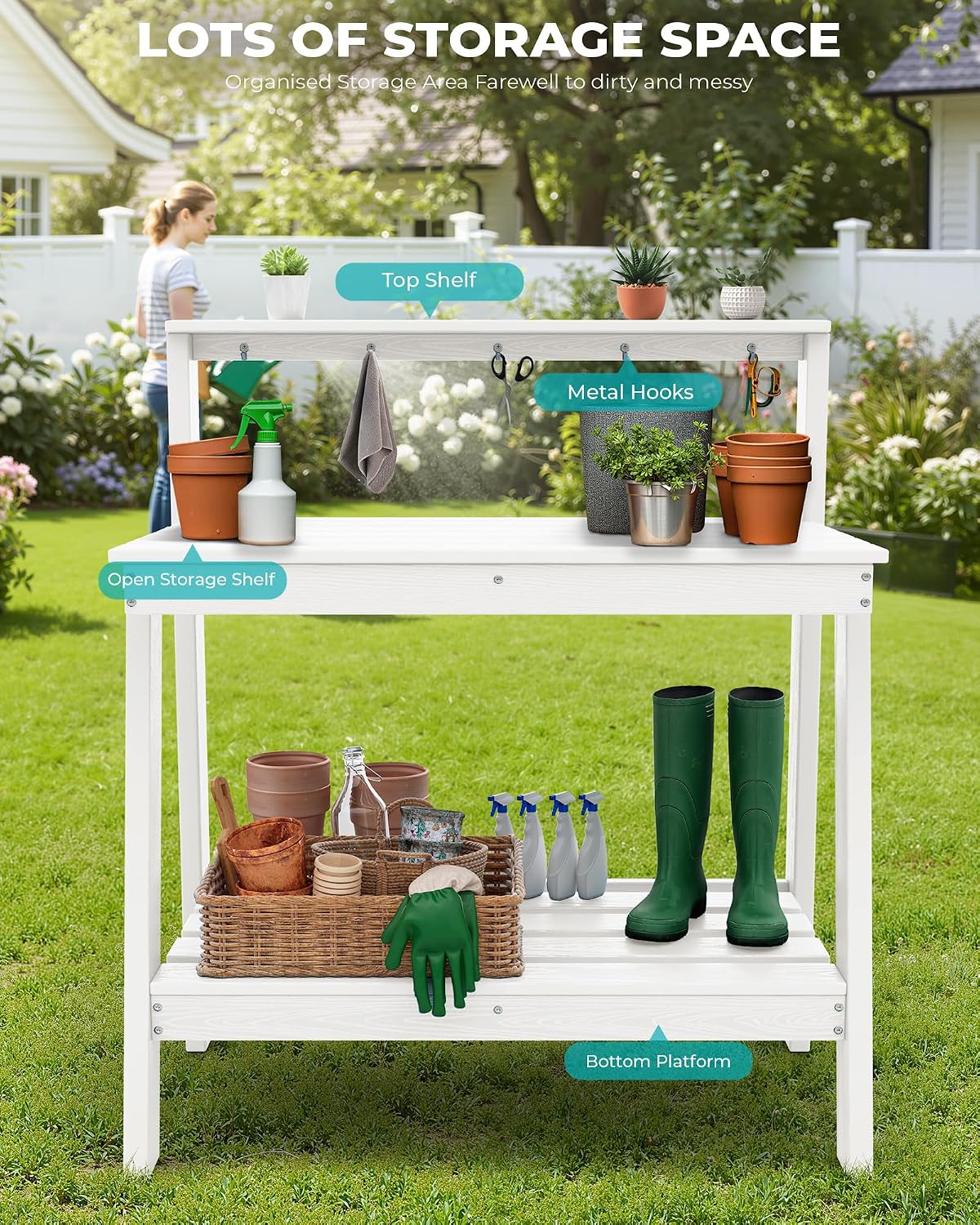SERWALL 3-Tier Outdoor Potting Bench with Storage,Gardening Table,White,2PC | Waterproof HDPE Structure,Spacious