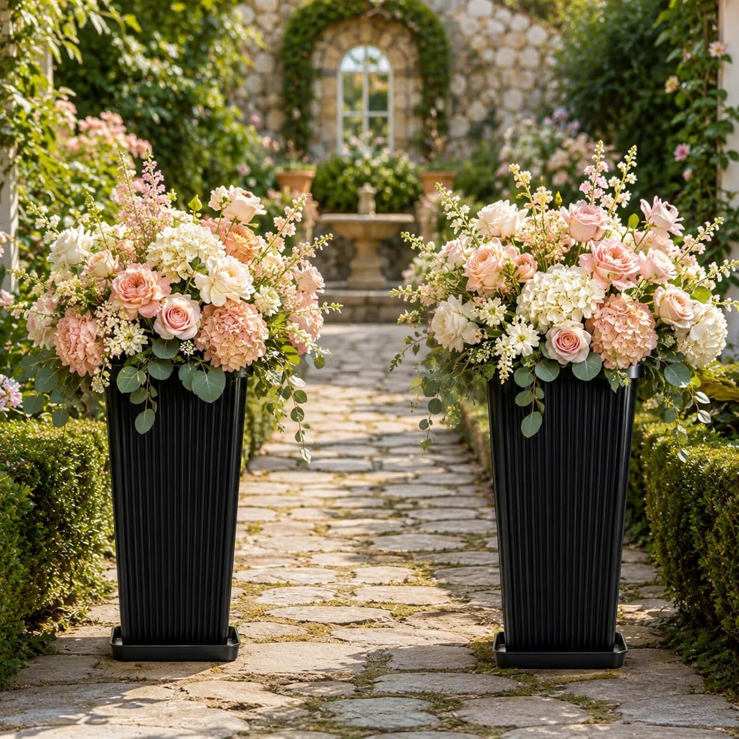 24" Tall Planters for Outdoor Plants Set of 2 Square Fluted,Black | Textured Finishes Tapered Modern Large