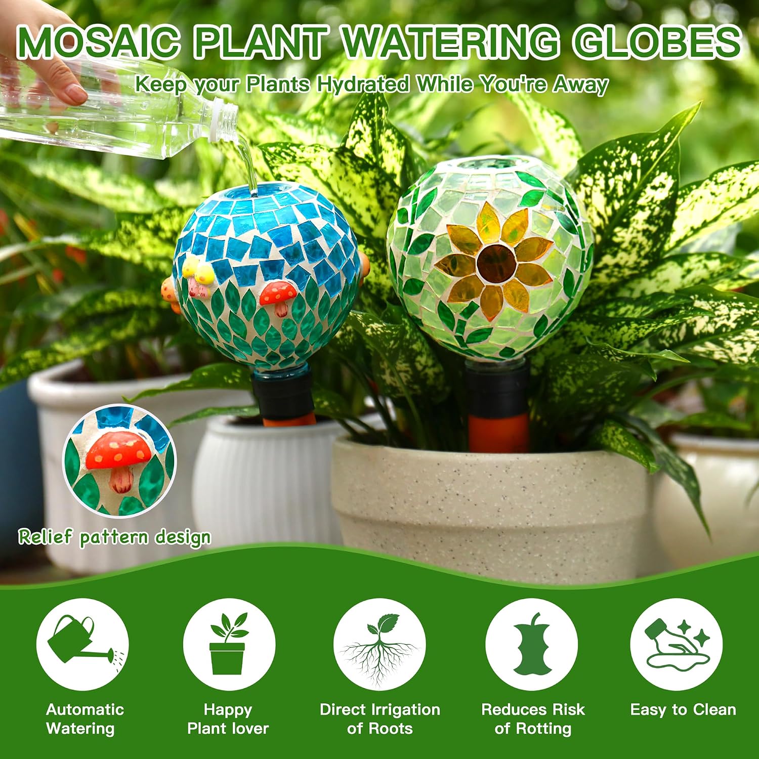 SAVENNA Mosaic Plant Watering Globes with Terracotta Spikes, 17oz Glass Self Watering Globes for Indoor & Outdoor