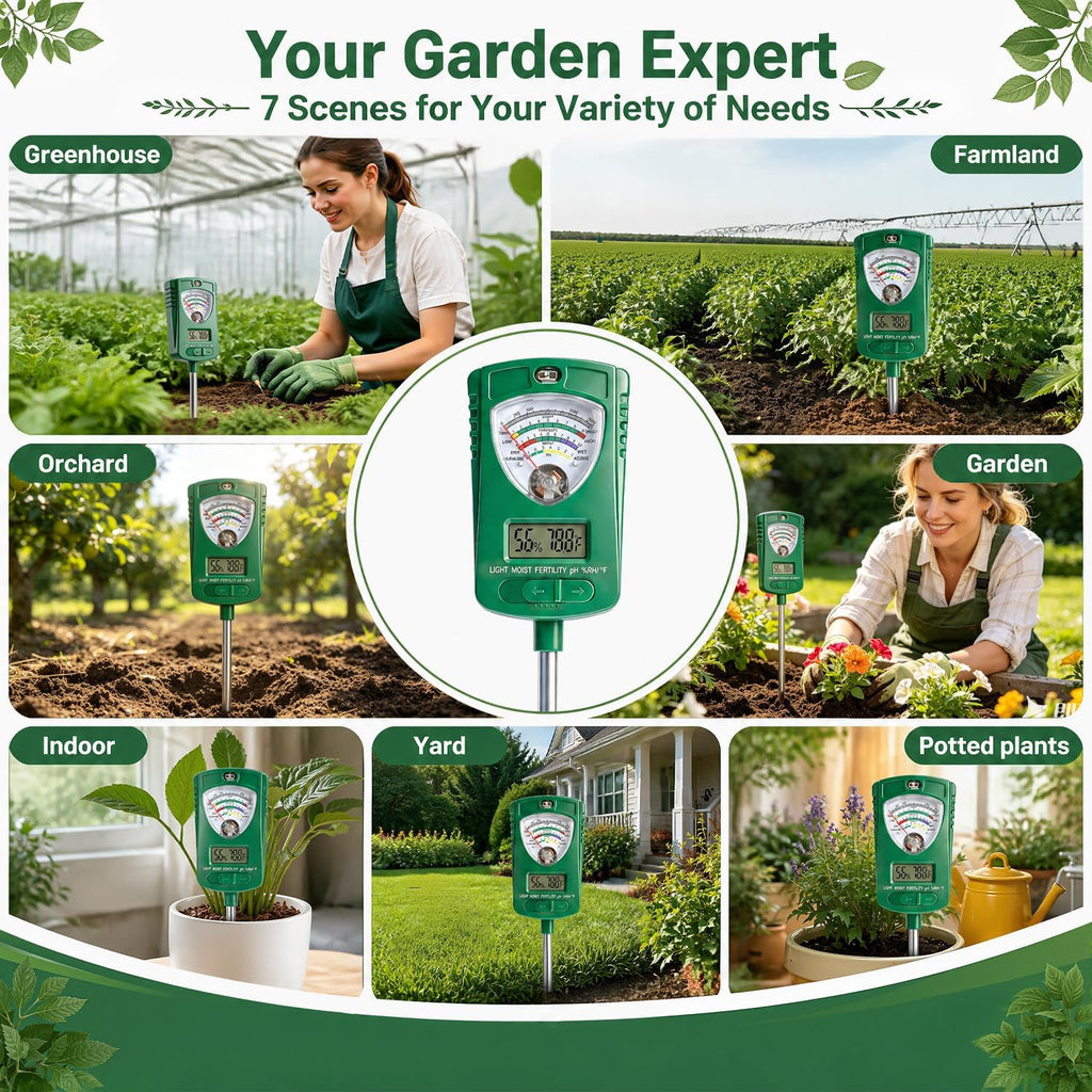 7-in-1 Soil Test Kit with 90° Rotatable Head, Soil Tester for Moisture/pH/Light Intensity/Fertility, Digital Screen for