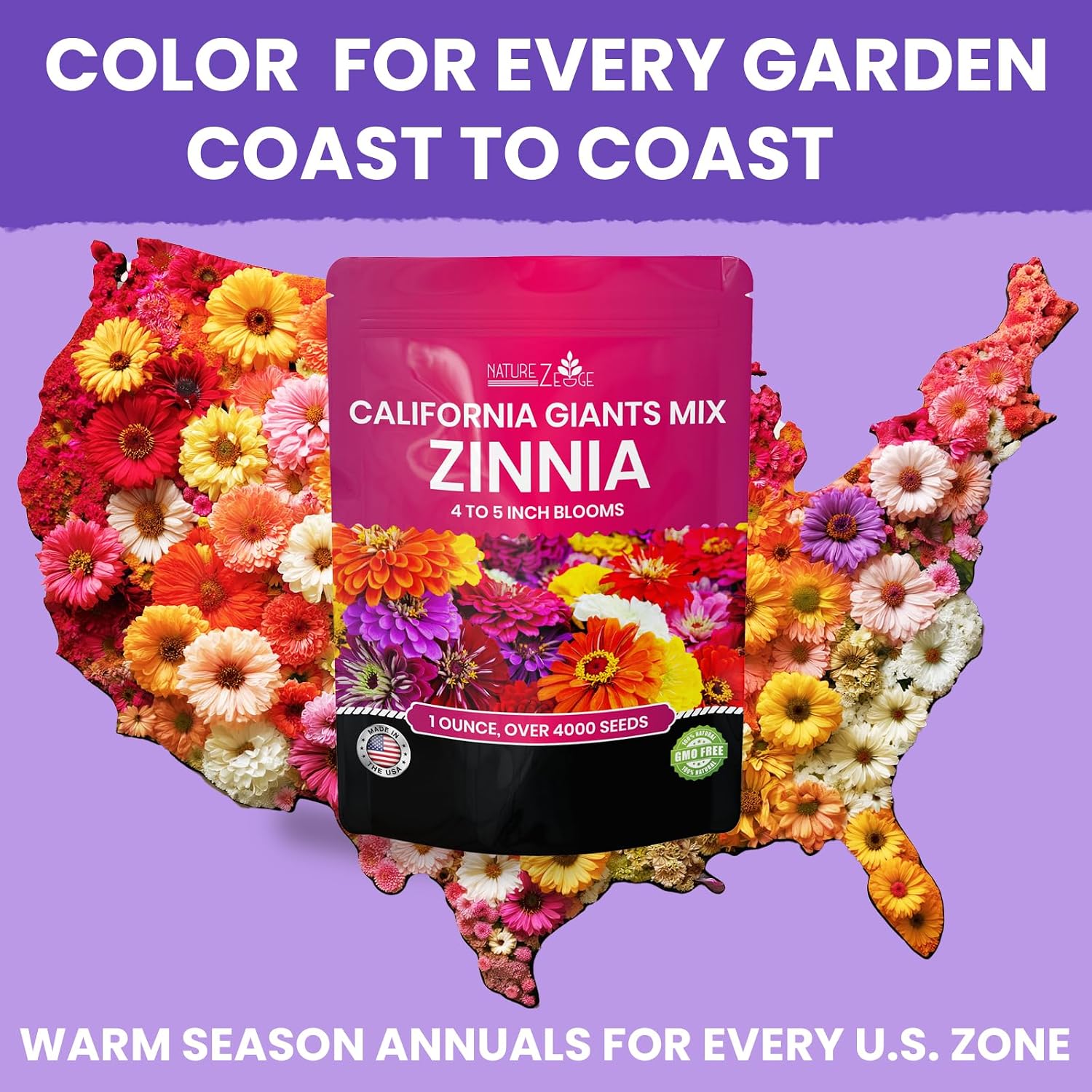 NatureZ Edge Zinnia Seeds for 2026 Planting Outdoors, Over 16,500 Flower Seeds, 1/4 lb, Non GMO Made in USA, Bulk