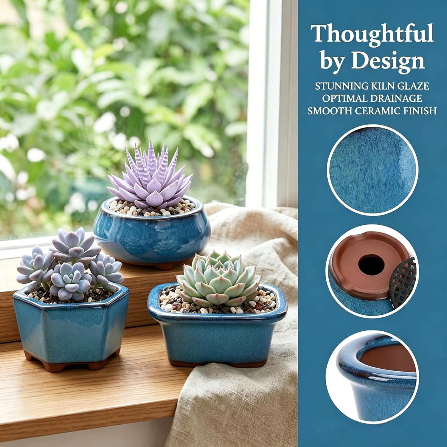 6 Pack Bonsai Pot Planter, 3" 4" Ceramic Glazed Succulent Pots | Small Succulent Planters with Drainage, Training Pot