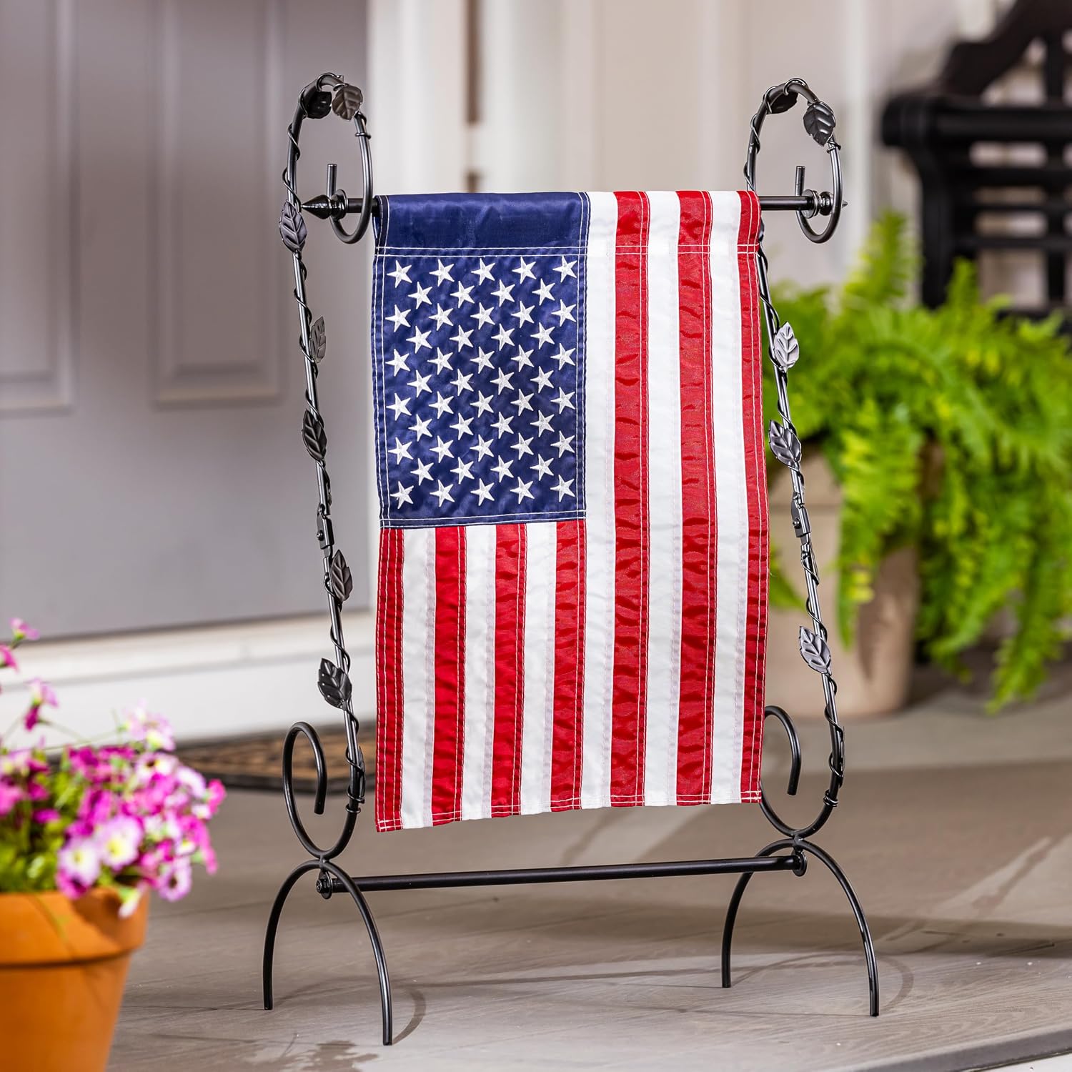 Evergreen Scroll American Garden Flag Stand Leaves Vine | Premium Metal Iron Flag Holder Stand | Fits 12x18 Garden