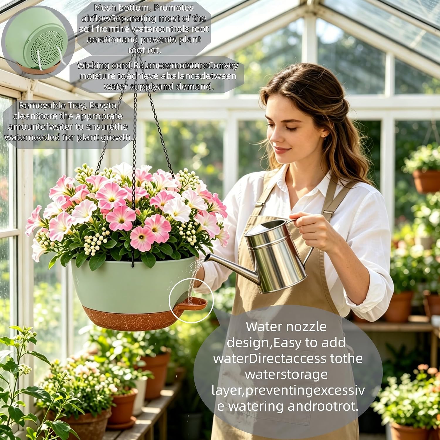 Set of 4-8 Inch Self Watering Hanging Planters for Indoor Outdoor，Hanging Plant Pots with Drainage & Removable Tray