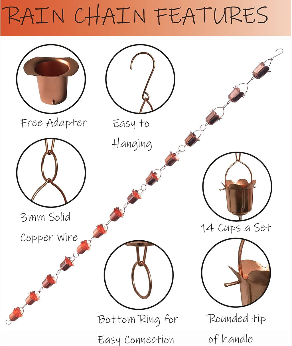 Rain Chains - Pure Copper Tulip Rain Chains for Downspouts. 8.5 Feet Length. Free Gutter Adapter. Windchime and