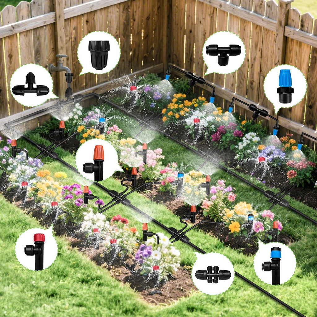 230FT Drip Irrigation System for Garden with 40 Nozzles & Emitters, Garden Watering System with 1/2" & 1/4" Tube and