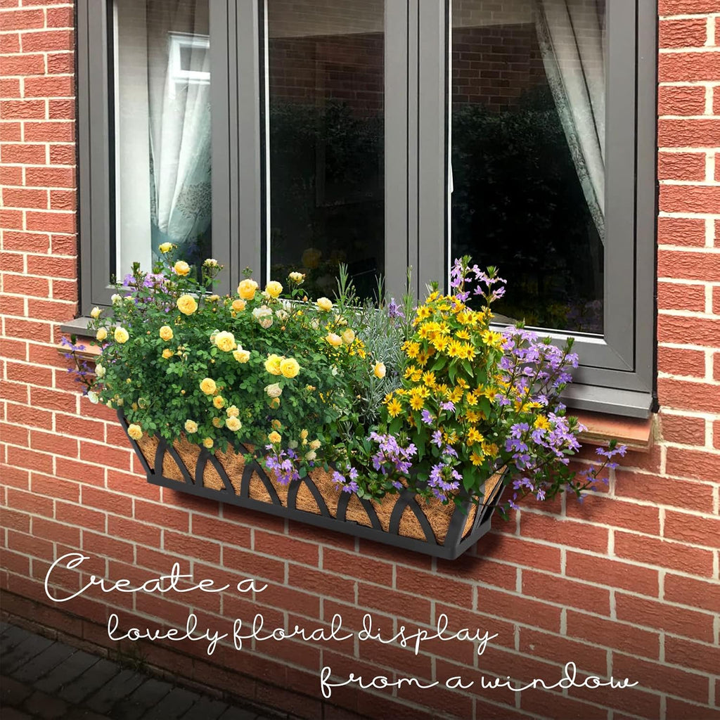 24" Hanging Window Box Basket w/Coco Liner, Black, 4-Pack | Coco Liner, Outdoor Balcony Porch Fence Patio, Home, Office