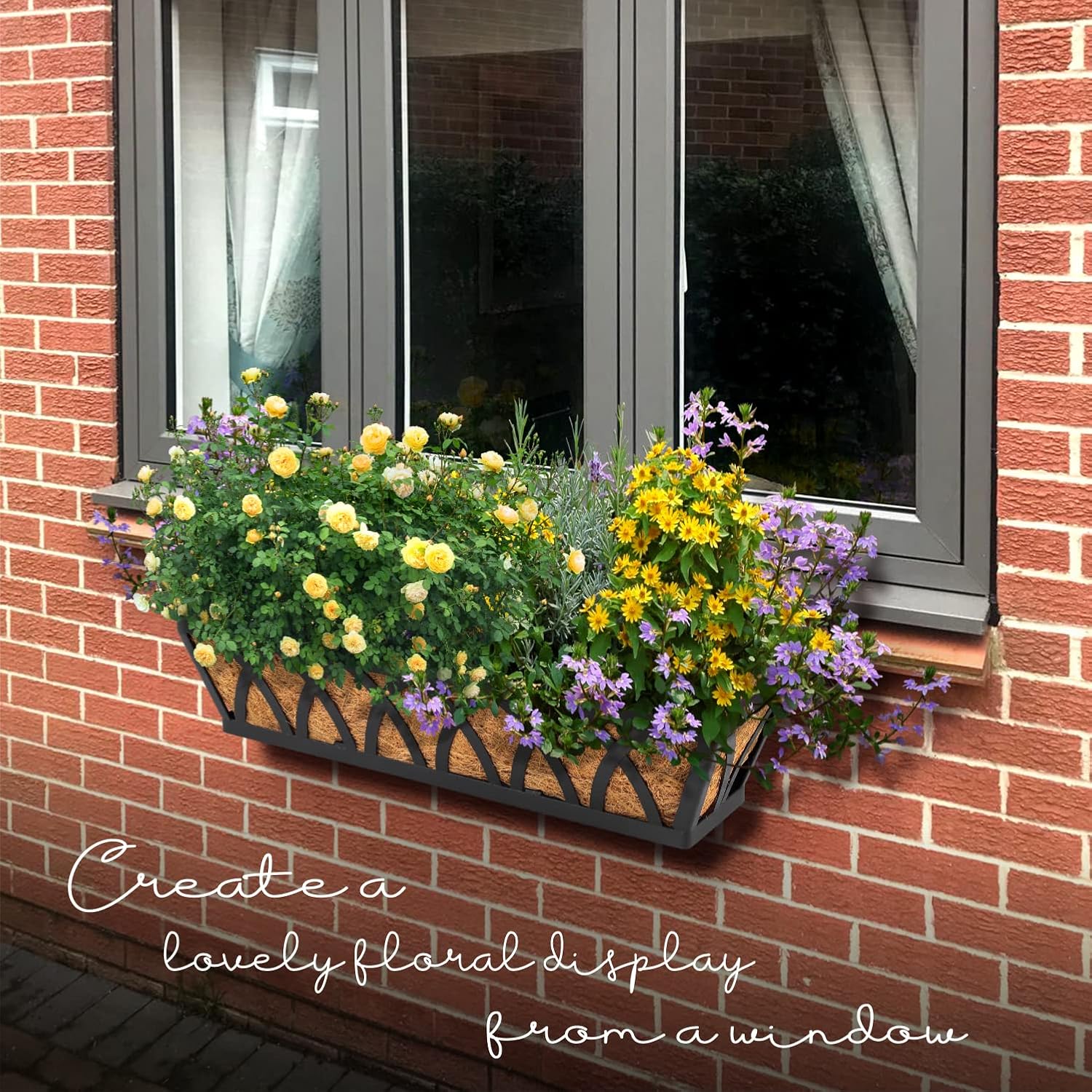 24" Hanging Window Box Basket w/Coco Liner, Black, 4-Pack | Coco Liner, Outdoor Balcony Porch Fence Patio, Home, Office