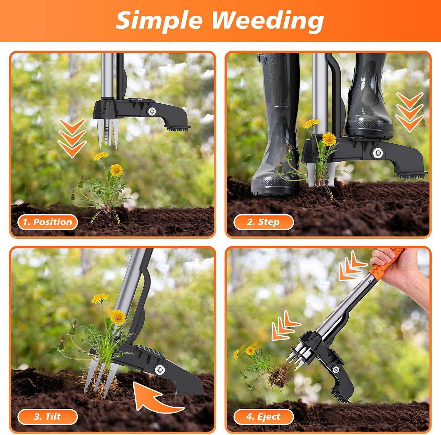 Stand Up Weed Puller Tool - 4-Claw Steel Head Hand Weeding Tool - 40" Retractable Handle with Easy-Eject Mechanism for