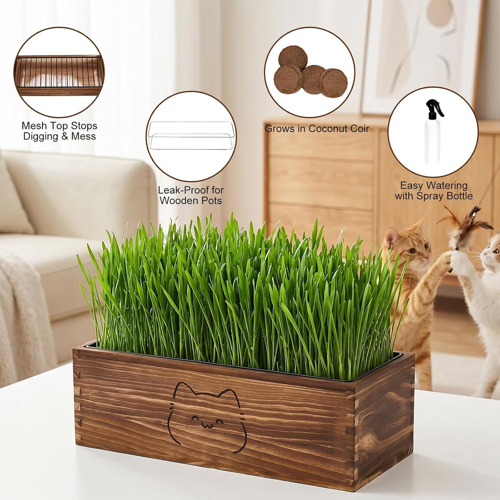 Wooden Cat Grass Planter (no Seeds Included),Cat Grass Kit for Indoor Cats with Anti-Digging Grid, Potting Soil