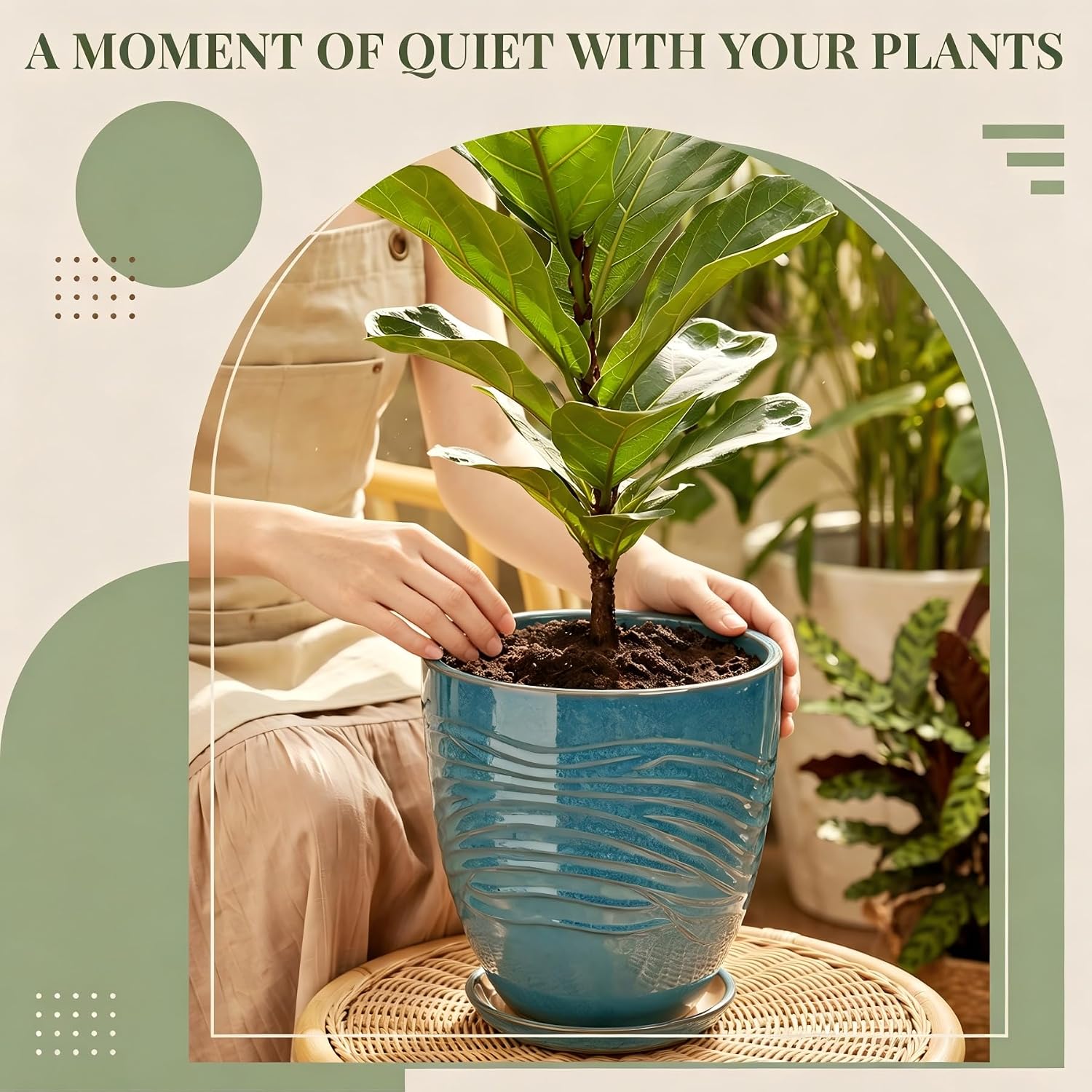 9.5 Inch Modern Ceramic Plant Pot with Saucer, Flower Pot with Drainage Hole Mesh Net,Indoor Outdoor Planter