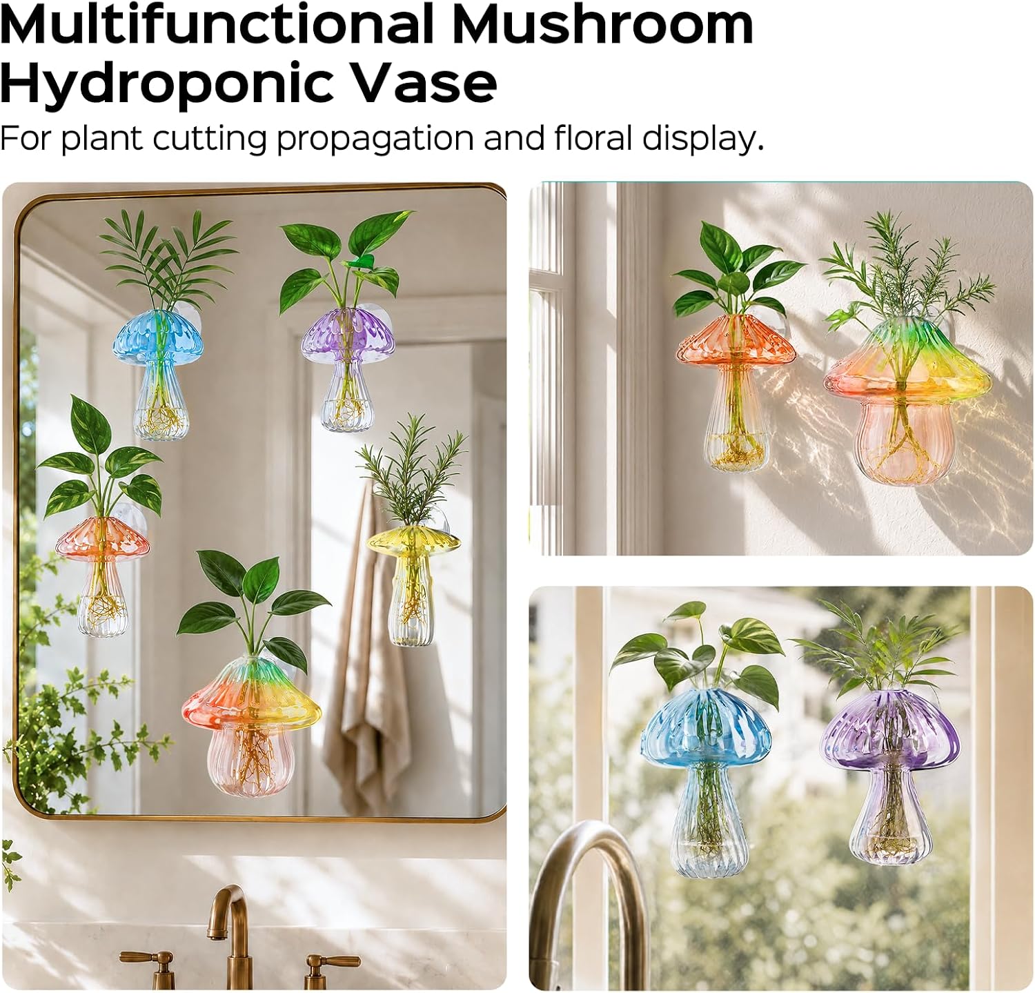 5Pcs Mushroom Propagation, Borosilicate Glass Vases, 6kg Suction Cups | Handcrafted 2.6mm thick glass|5 unique colors