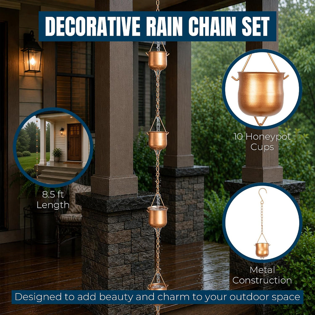 MEKKAPRO Iron Rain Chain for Gutters, 8.5ft 10-Cup, Copper, Honeypot | Iron Powder-Coated Chain Built for Heavy Rain