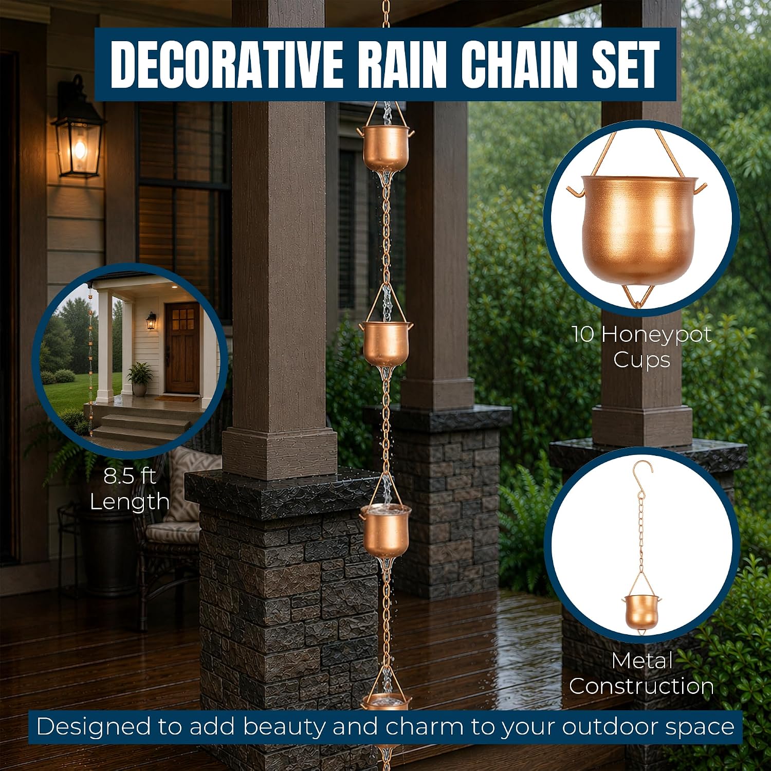 MEKKAPRO Iron Rain Chain for Gutters, 8.5ft 10-Cup, Copper, Honeypot | Iron Powder-Coated Chain Built for Heavy Rain