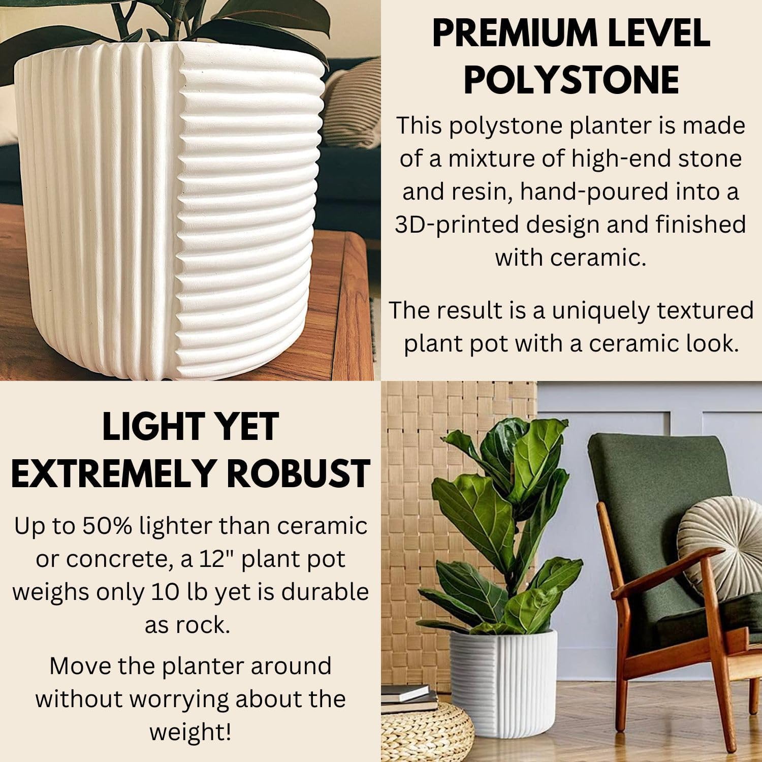 Fox & Fern Large Planter for Indoor or Outdoor, Matte White, 12 Inch | UV & Frost Resistant, 70% Lighter than Ceramic