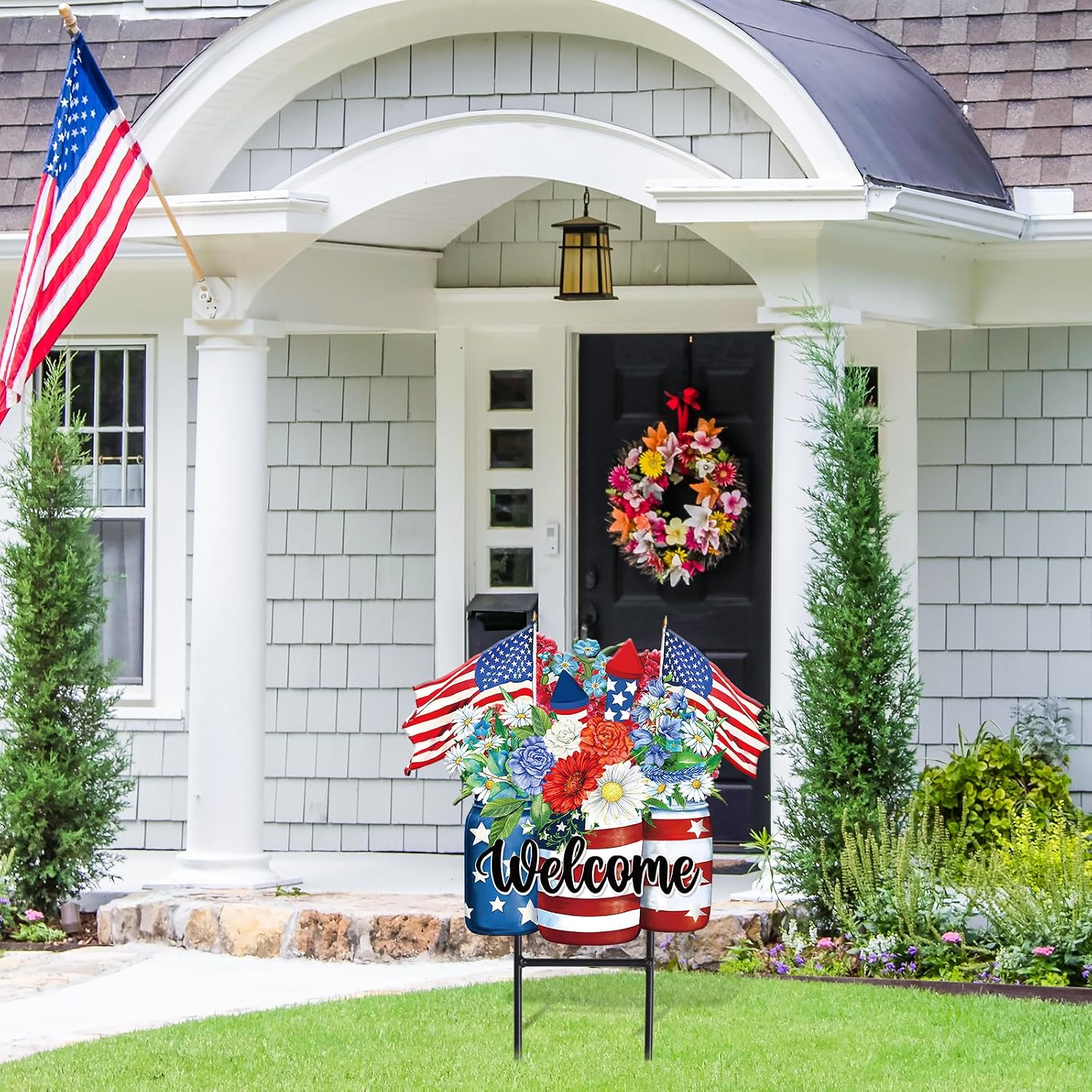JarThenaAMCS Patriotic Flower Metal Garden Stakes 4th of July American Flag Floral Vase Decorative Lawn Sign Welcome